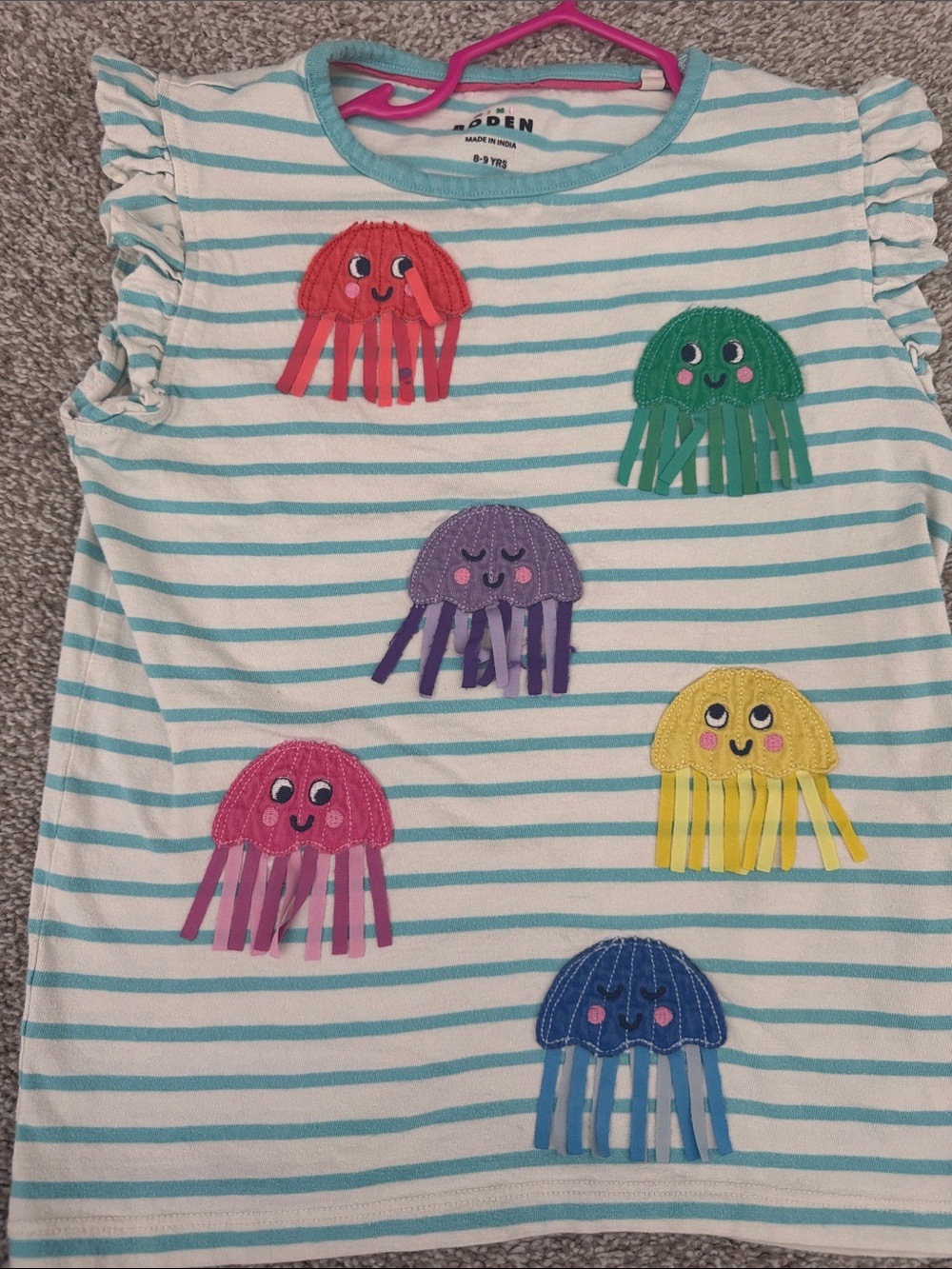 Mini Boden Striped Tee with Colorful Jellyfish Appliqués - White & Aqua